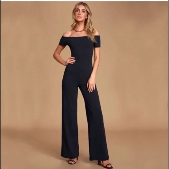 Lulu’s Black Off the Shoulder Alleyoop Jumpsuit - Picture 1 of 14